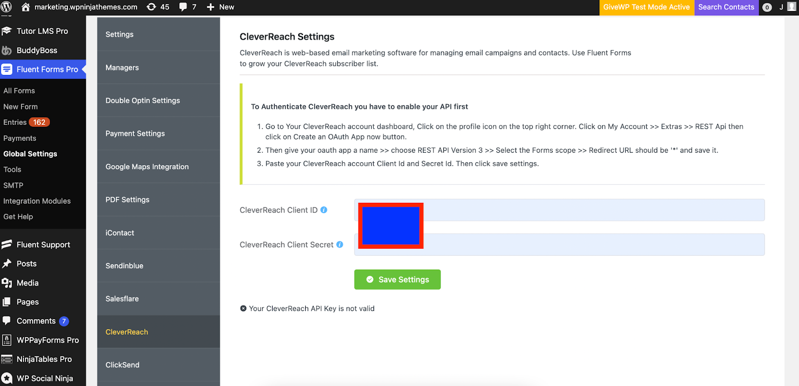 Fluent Forms dashboard, CleverReach API, settings