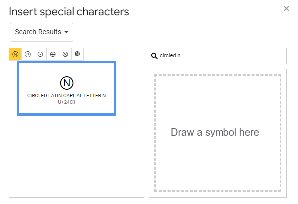 searching for Circled N symbols text in special characters in google docs