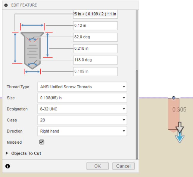 Depth of hole: 0.25 in + ( 0.109 / 2 ) * 1 in 
(Add an unthreaded depth equal to 50% the hole diameter after threads or inserts)

Threaded depth:
Thread Depth Length < 2 * Diameter
