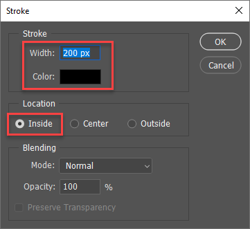 Stroke dialog with width set to 200 px and black for the Color and Inside selected