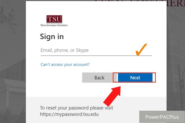 Enter email, phone, or skype, then click 'next' to sign in TSU blackboard