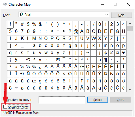 Character Map Advanced View