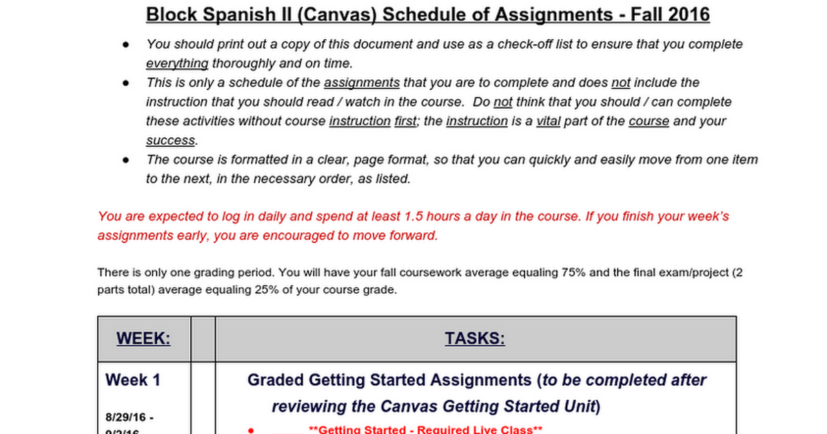 Block Spanish II Schedule of Assignments - Canvas Fall 2016