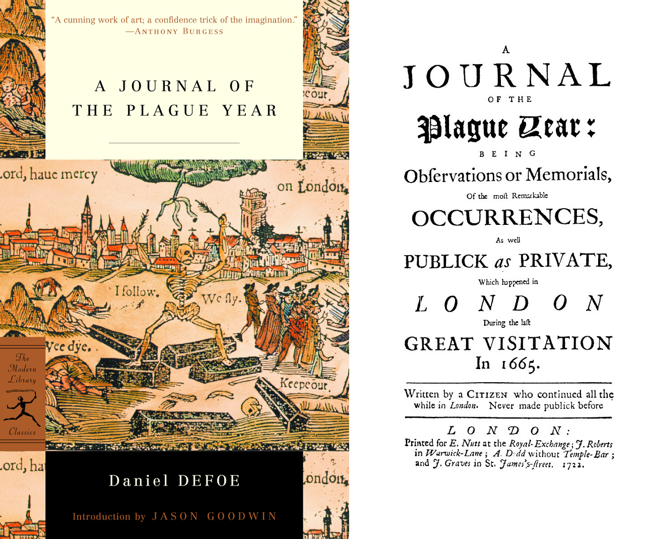 Две обложки «Дневника чумного города» Даниэля Дефо: первая (справа) и одна из современных (слева).