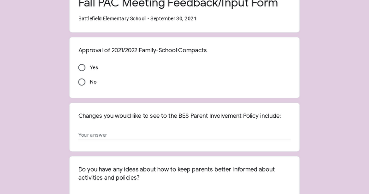 Fall PAC Meeting Feedback/Input Form