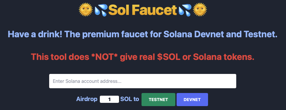 Solana testnet faucet landing page for Solana blockchain app developers