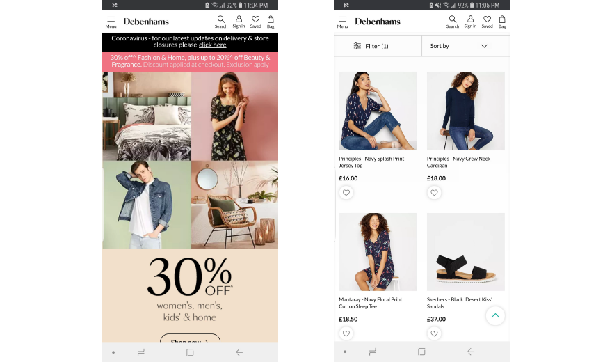 debenhams pwa site example