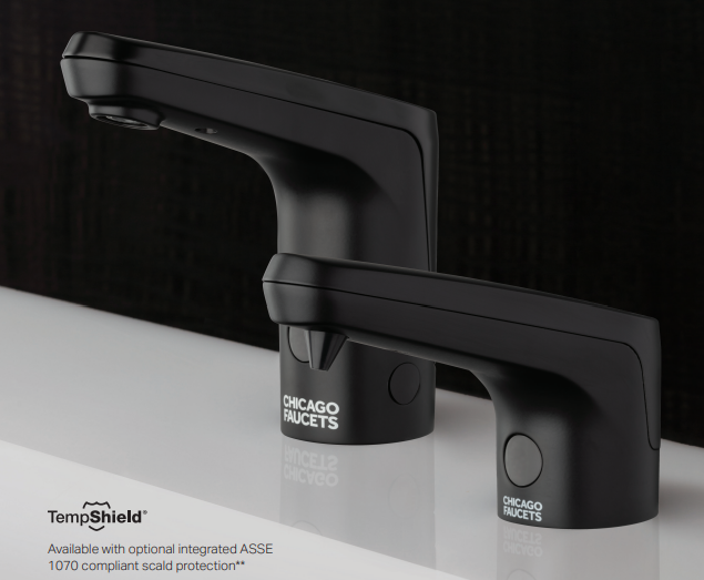 Image of Chicago Faucet's E-80 series faucet in matte black with matching soap dispenser installed in a sink