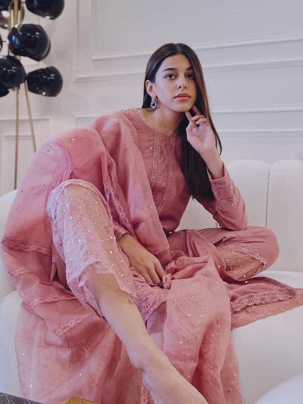 the loom - Old Rose Mukaish Work Cotton Silk Kurta 