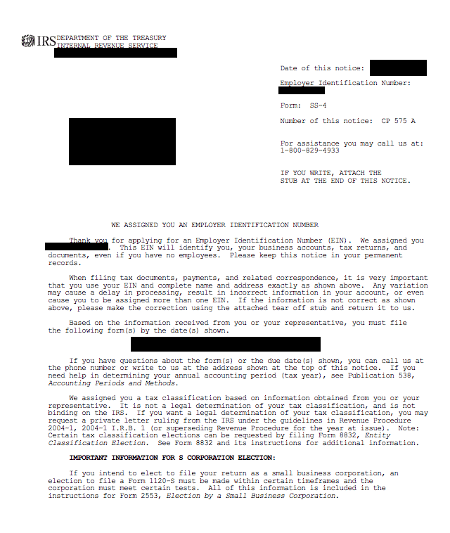 irs ein assignment letter