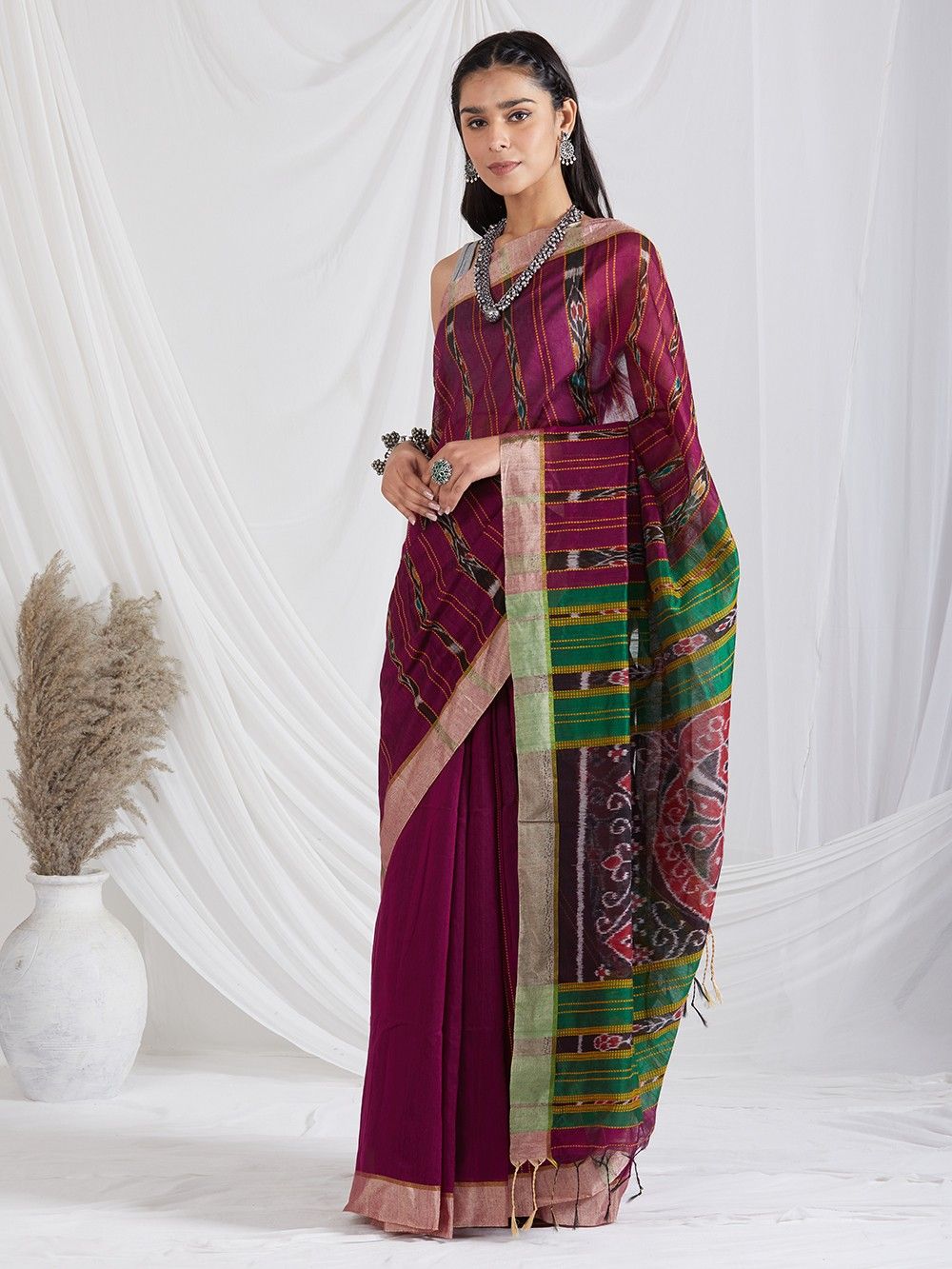 the loom - Burgundly ikat handwoven cotton silk saree
