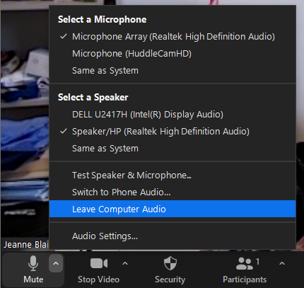 List of options from the mute arrow, "Leave Computer Audio" is selected.