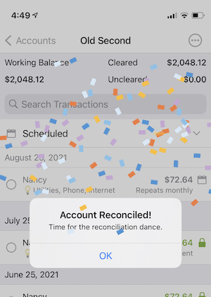 YNAB Reconciliation screen showing success account reconciliation with confetti!