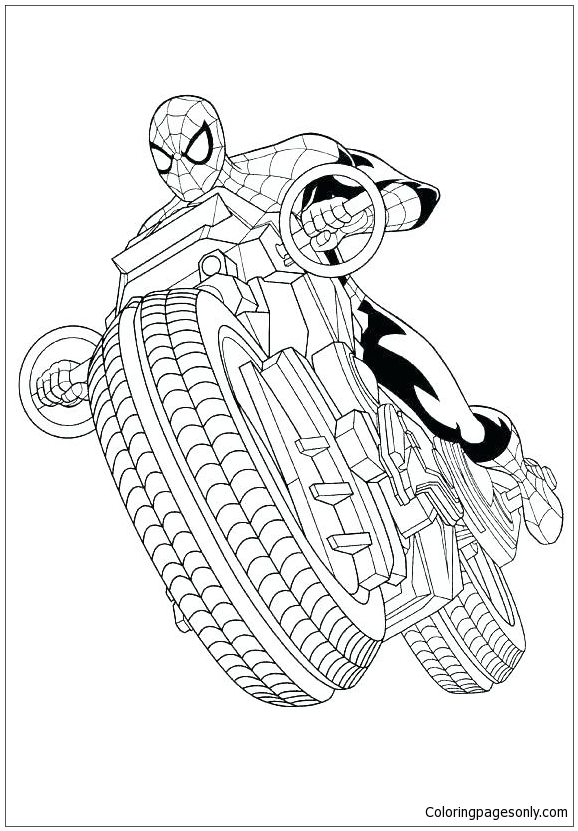 Spiderman con moto da colorare supereroe