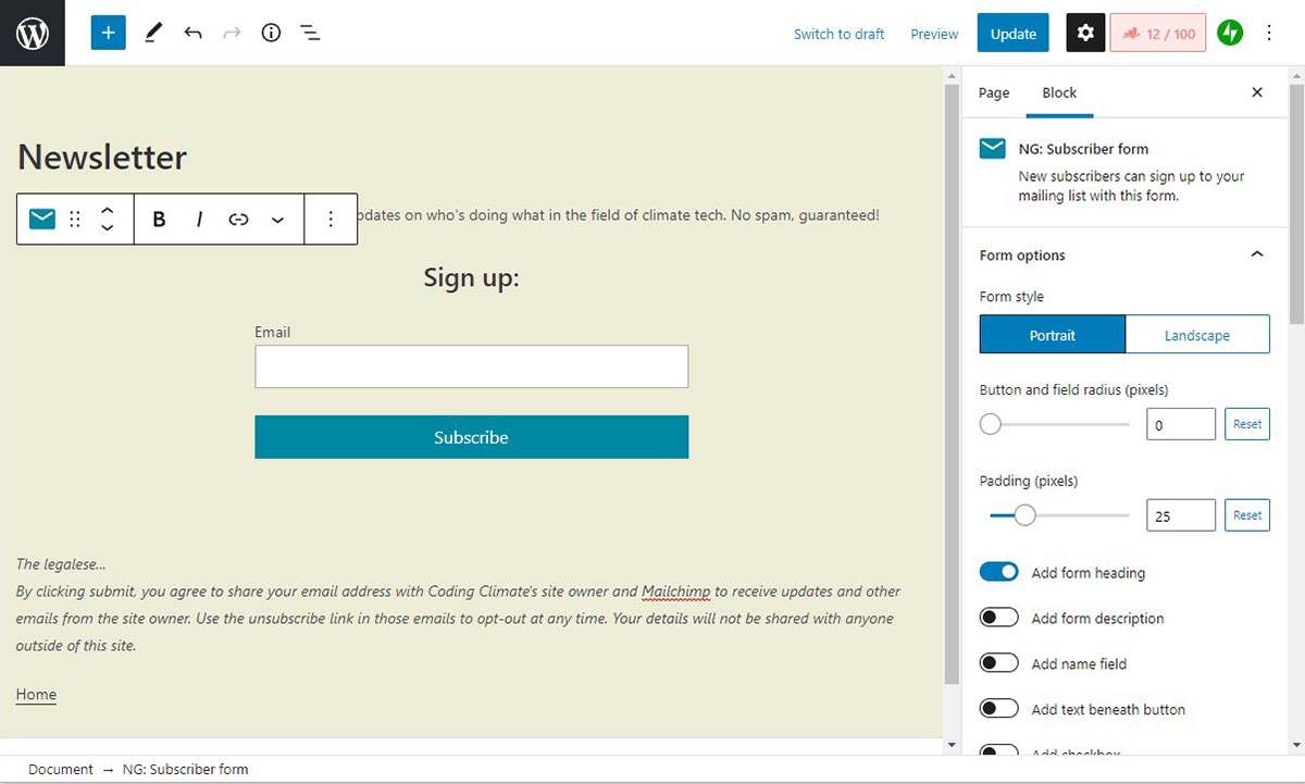 Signup form visible on page as well as toggles and formatting options shown on the side. 
