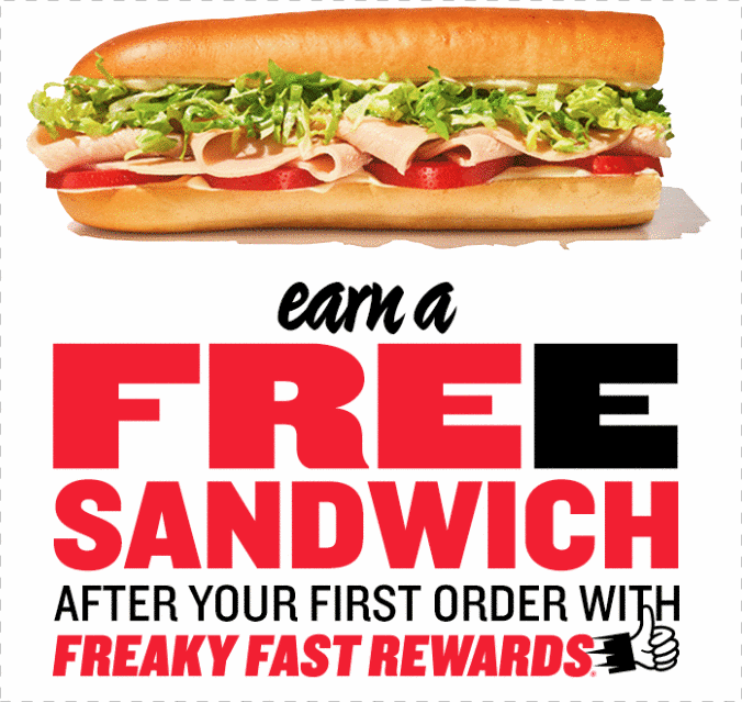 Gif from an email, showing an image of a sandwhich from Jimmy John's, reminding users they can earn a free sandwich with the Freaky Fast Rewards program
