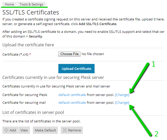 Plesk SSL Certificate Menu