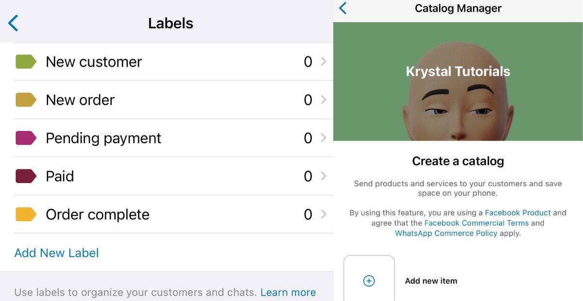 how to use WhatsApp for business | Labels and Catalog manager page on WhatsApp Business