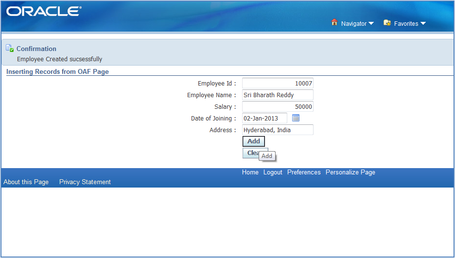 Output of data entry form in OAF