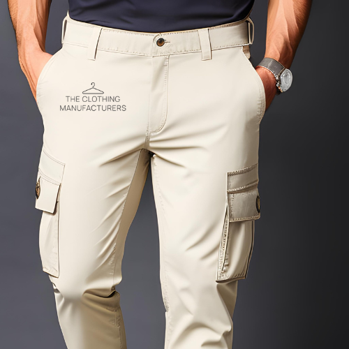 Man wearing cream coloured cargo pant with cargo pockets 