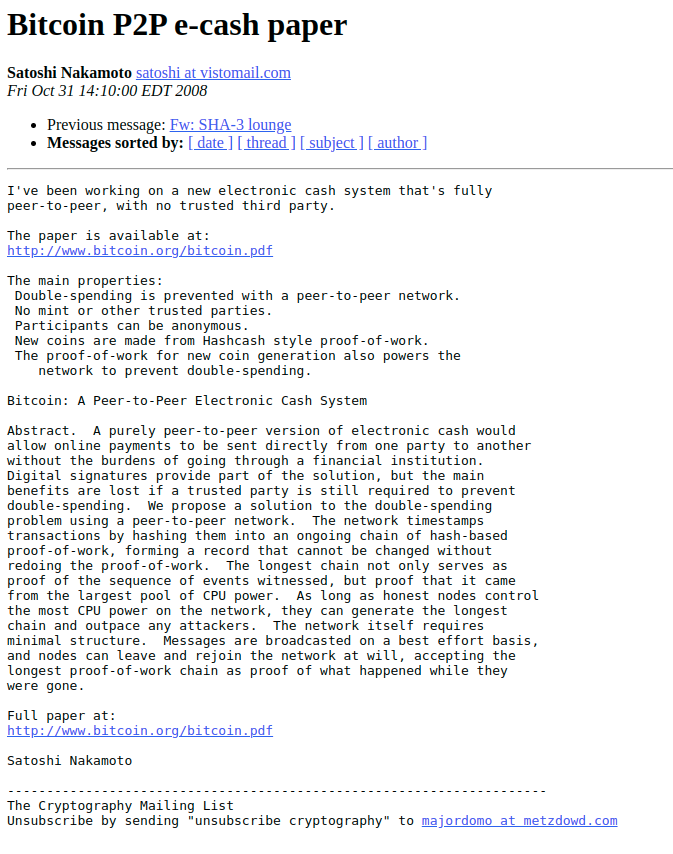 Correo con el whitepaper de Bitcoin en 2008