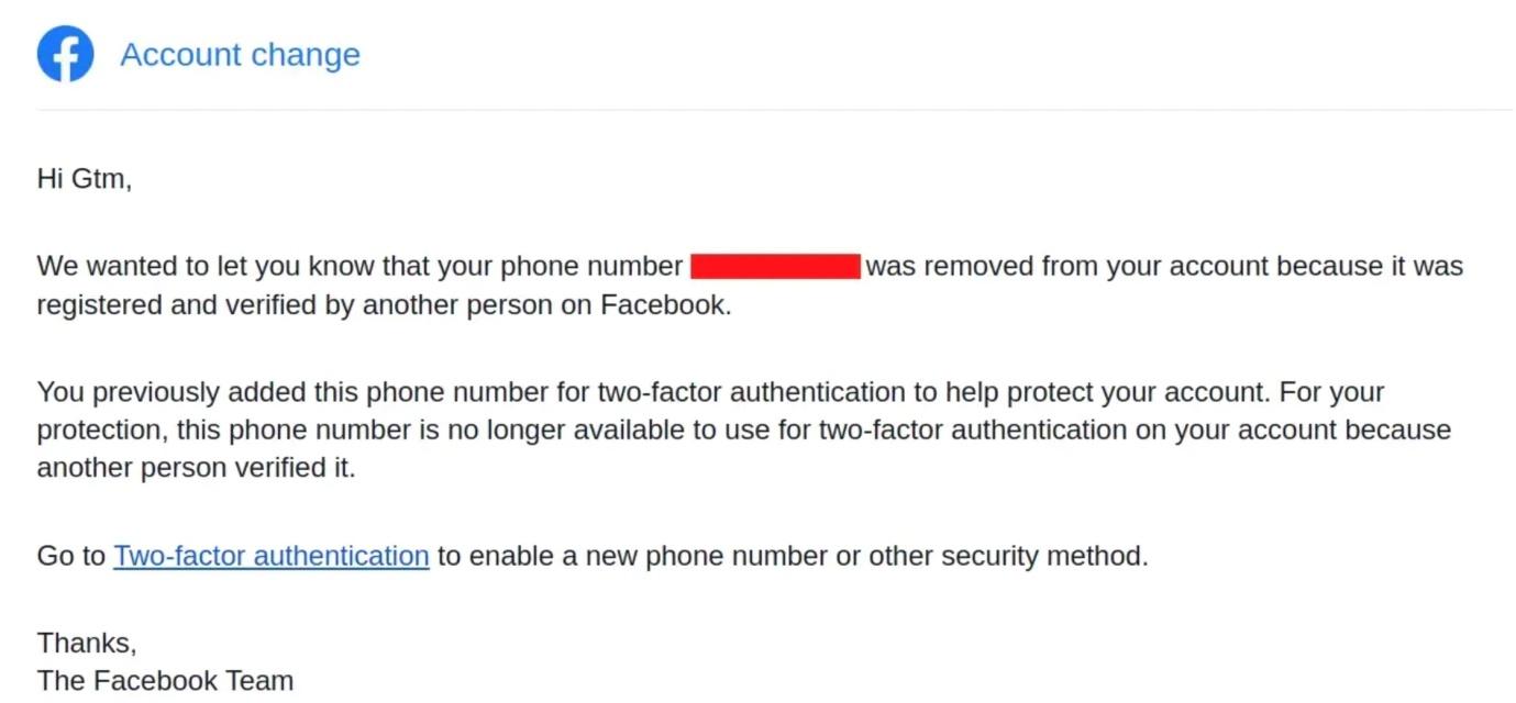 A screenshot of an email sent by Meta to a user that says: "We wanted to let you know that your phone number registered and verified by another person on Facebook."