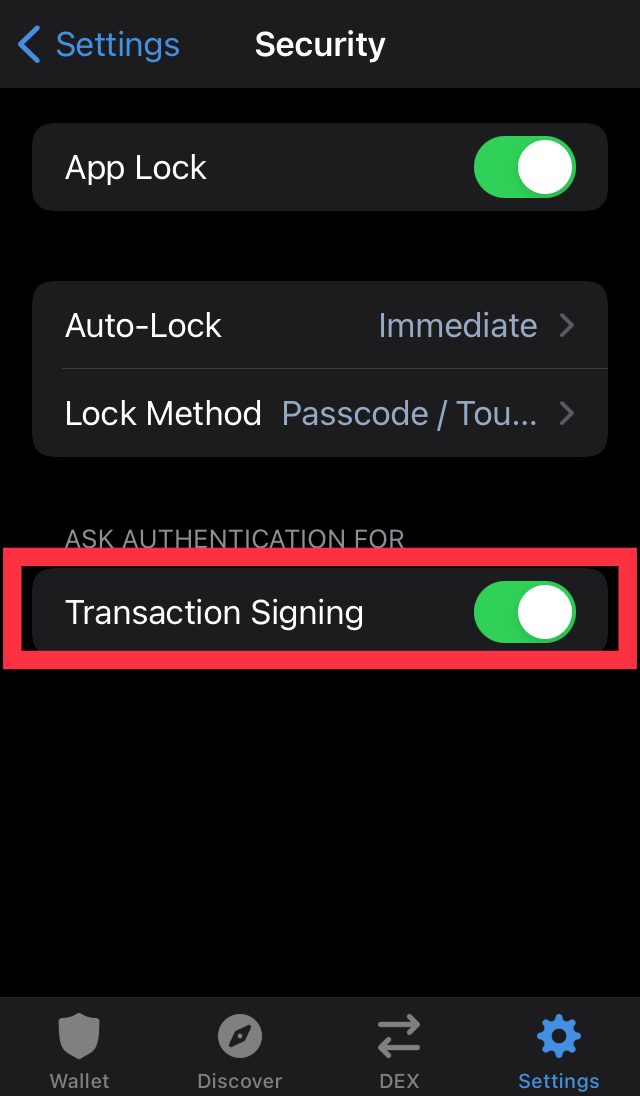 Transaction signing switch in Trust wallet