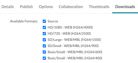 Screenshot of the Available Formats options under the Downloads tab.