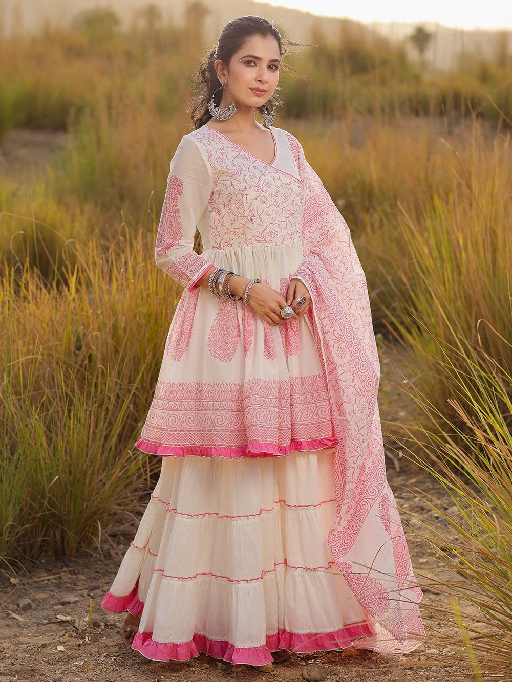 the loom - White Pink Printed Sharara Suit Set
