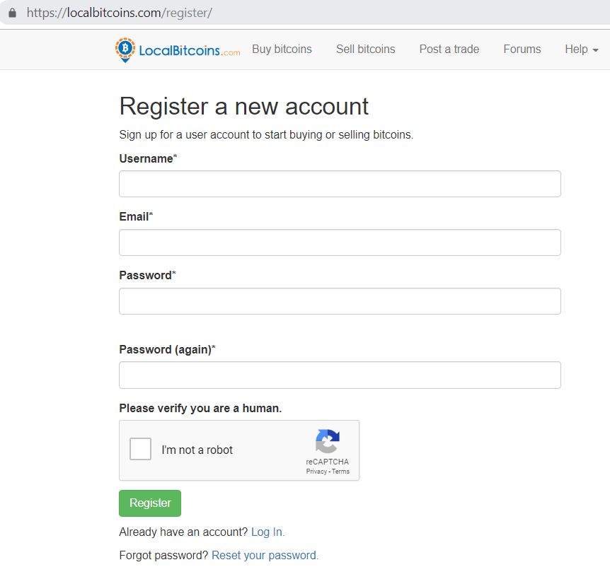 LocalBitcoins.com register a new account page.