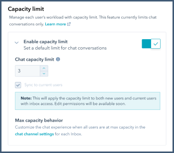 Example image of capacity limit for livechat in HubSpot