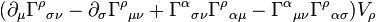 (\partial_\mu\Gamma^\rho{}_{\sigma\nu}
    - \partial_\sigma\Gamma^\rho{}_{\mu\nu}
    + \Gamma^\alpha{}_{\sigma\nu}\Gamma^\rho{}_{\alpha\mu}
    - \Gamma^\alpha{}_{\mu\nu}\Gamma^\rho{}_{\alpha\sigma})V_\rho