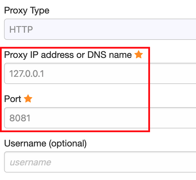 Configuration form in Foxy Proxy for Firefox with the Proxy Type defaulted to HTTP, the IP address set to 127.0.0.1, and the Port set to 8081.
