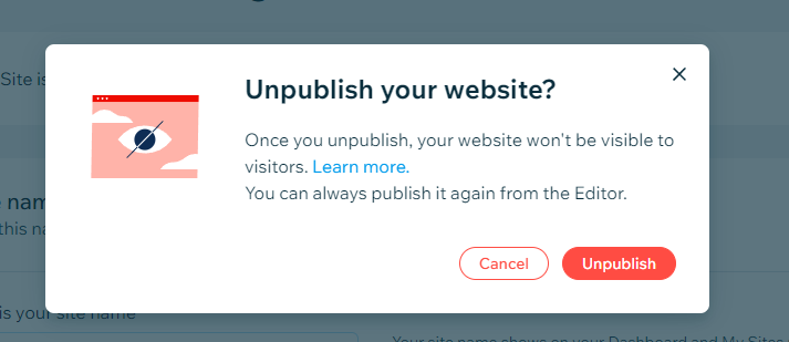 confirm the pop up to unpublish wix website