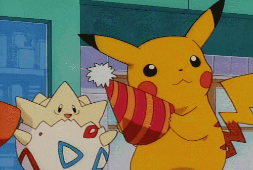 Pikachu and Togepi from Pokemon putting on party hats.