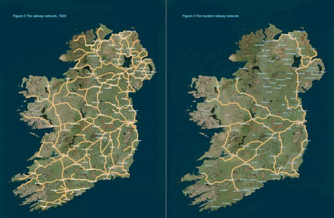 1) a map of Ireland's railways from 1920, with rail routes criss-crossing the island
2) a map of Ireland's railways from 2010, with rail routes cut by about 70 percent