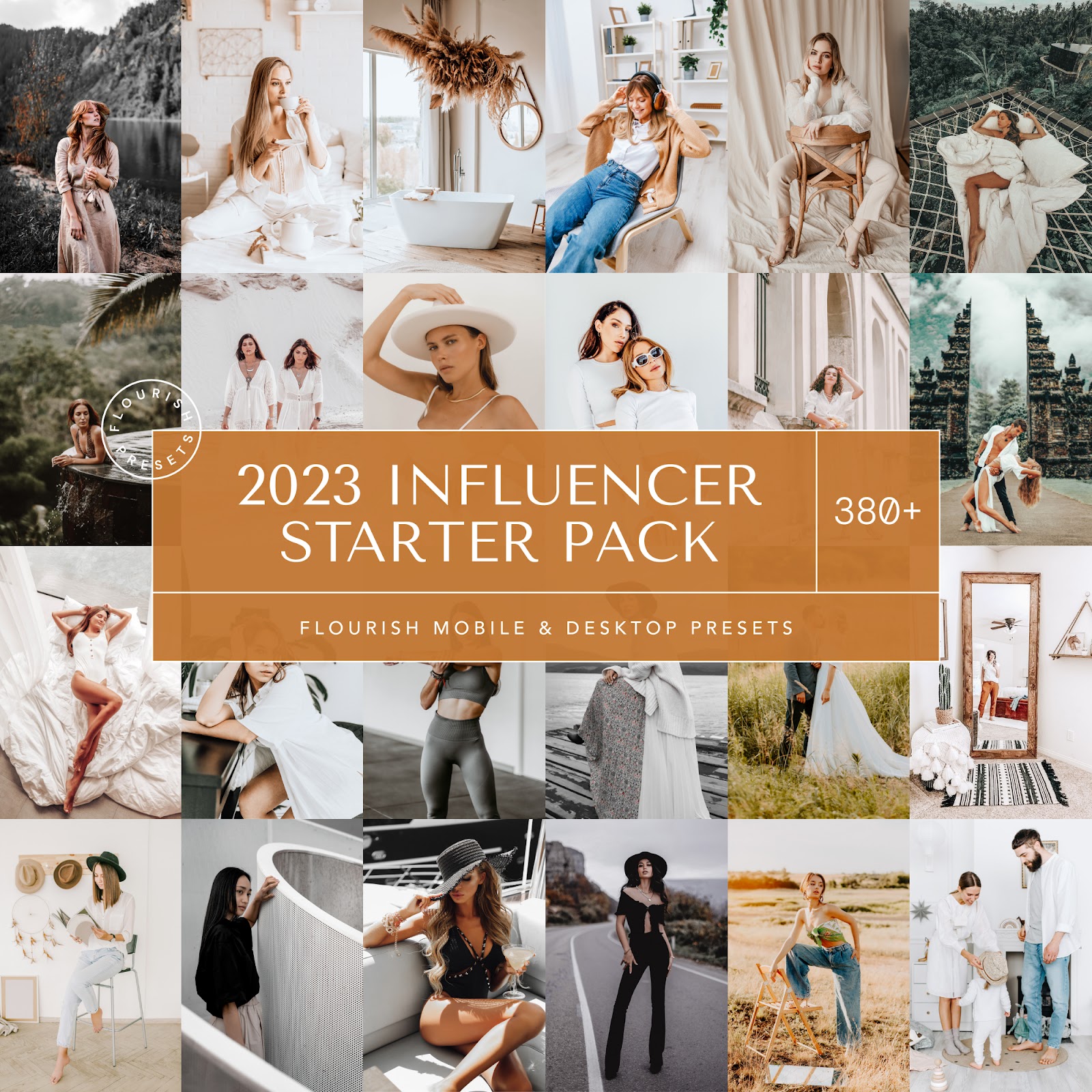 2023 influencer starter kit flourish presets cover grid before after