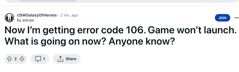 SWGOH (Star Wars: Galaxy of Heroes) Error Code 106