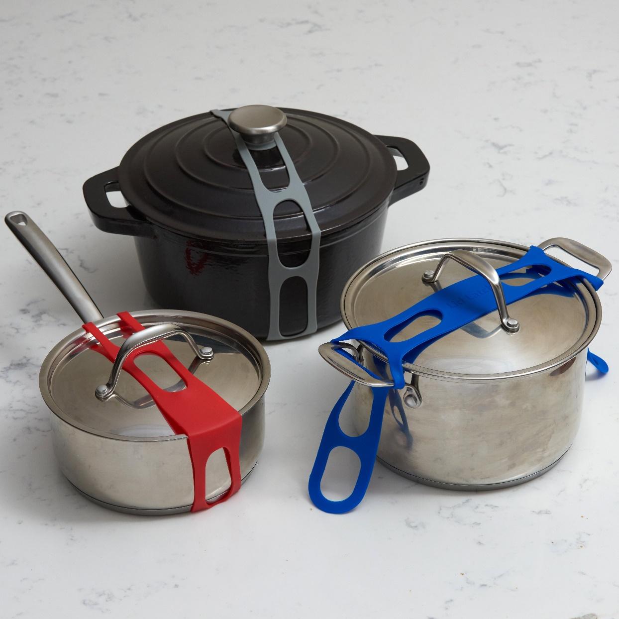 Lid Latch the reusable universal lid securing strap for crockpots,  casserole dishes, pots, pans and more. Make it easy to transport your  favorite dishes with one simple strap. (Blue/Grey) - Walmart.com