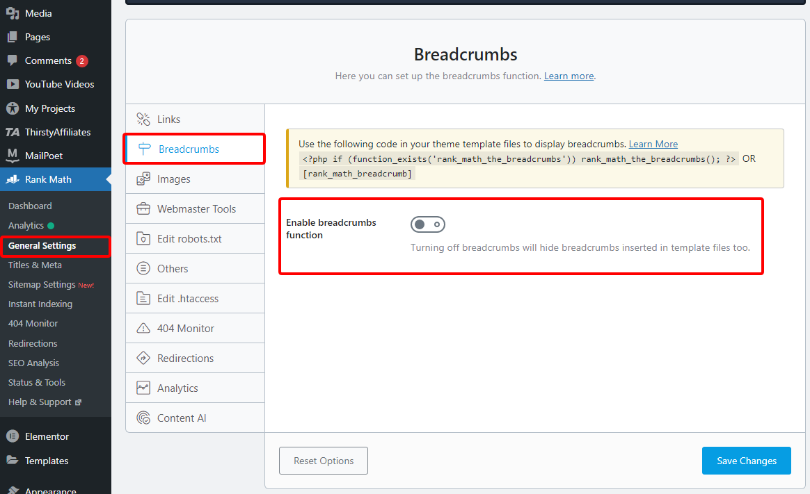 breadcrumbs function in the rank math wordpress plugin