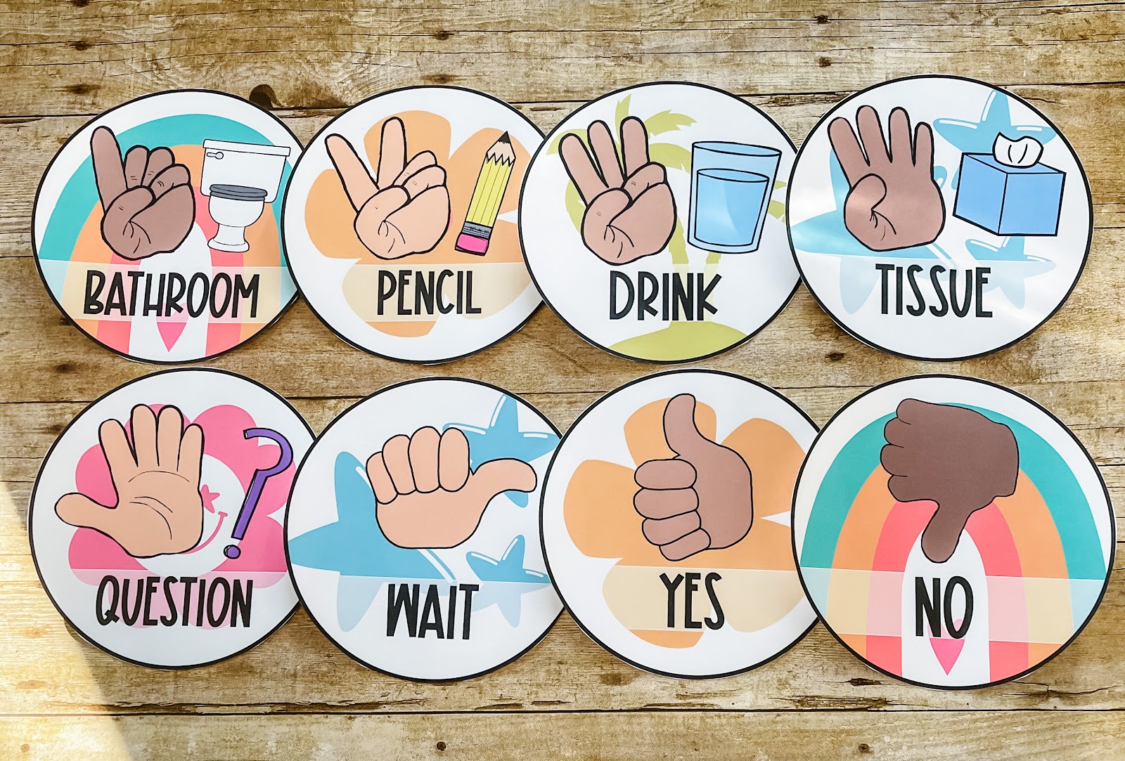 This image shows six hand-signal posters. The posters are circular and include a label (bathroom, pencil, drink, question, wait, and yes), hand signal, and icon for what they are helping students ask for. 