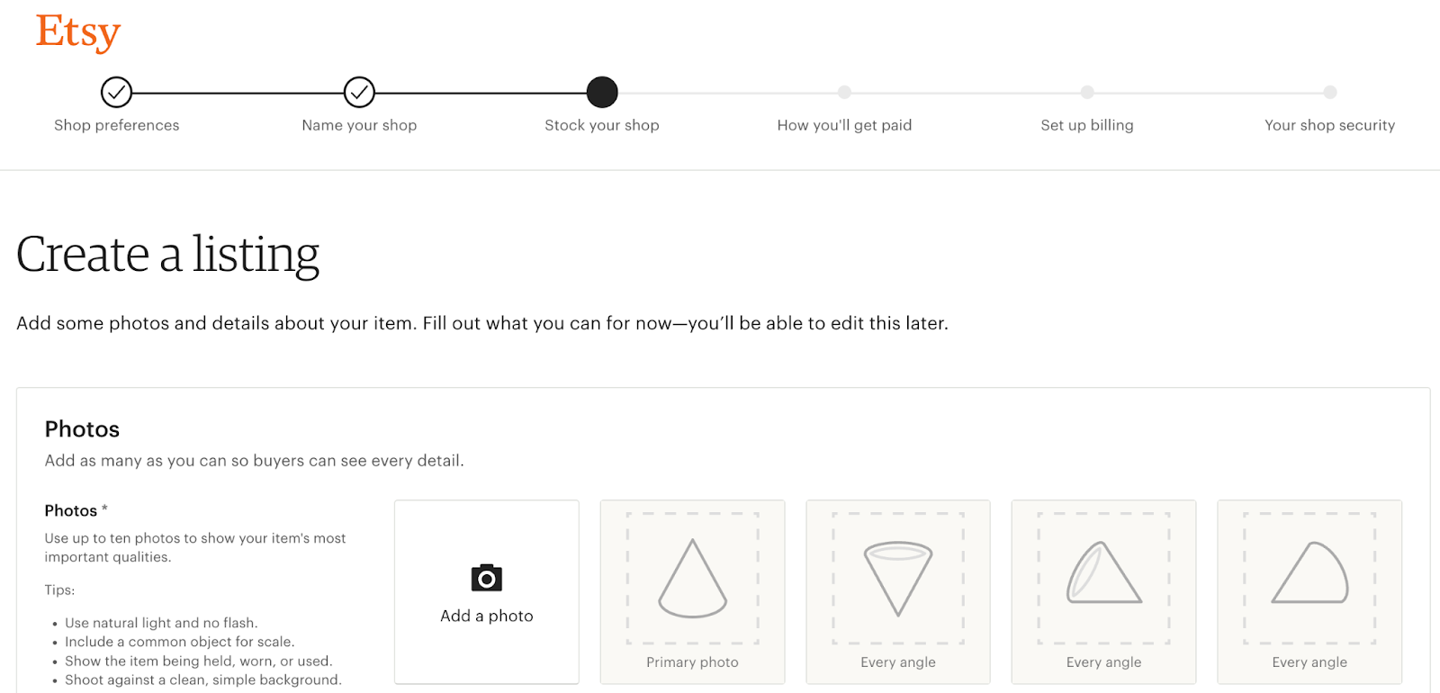 Screenshot of process to create an Etsy shop listing