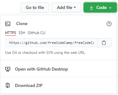 default view with an HTTPS address on GitHub