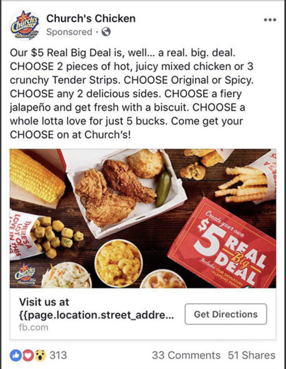 Church Chicken Facebook ad highlighting location