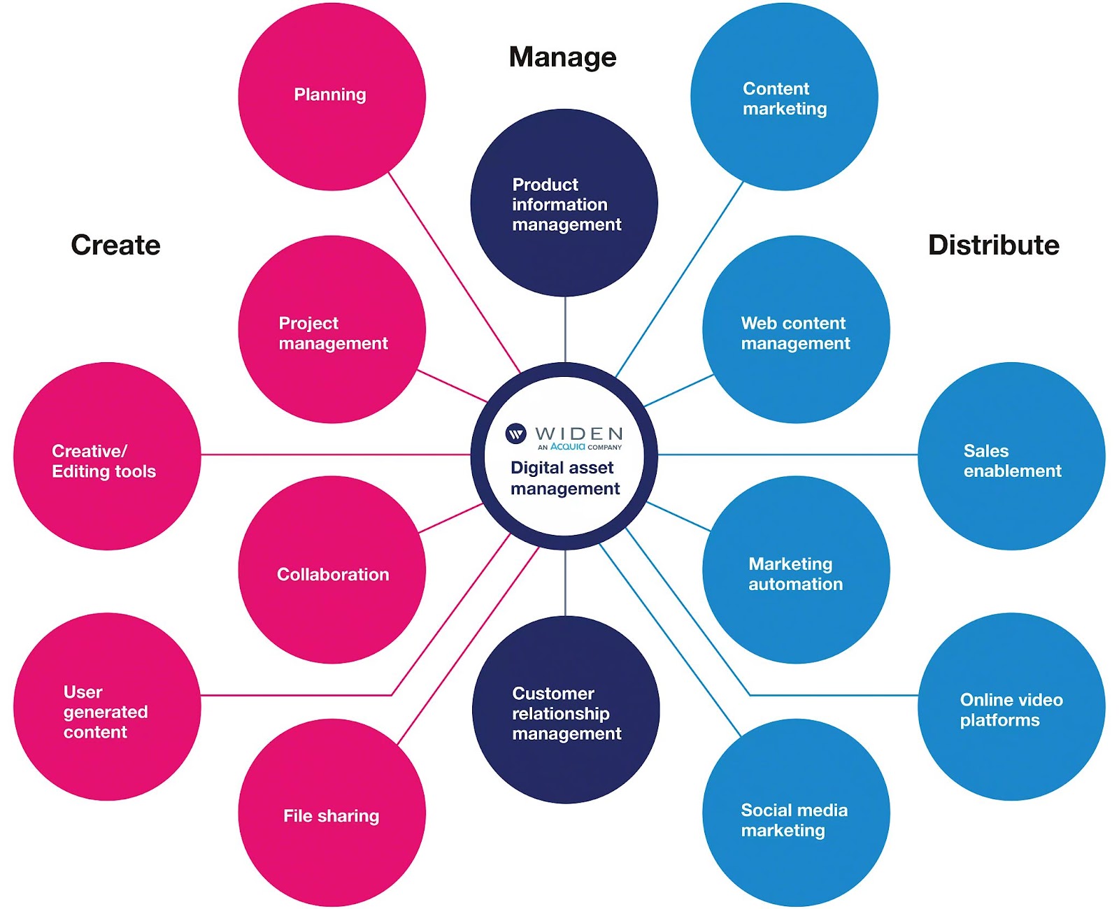 Flow graphic showing digital asset management as the foundation in the content lifecycle.