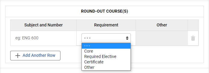 Screenshot of the Round Out Courses section with the drop list for requirements. 