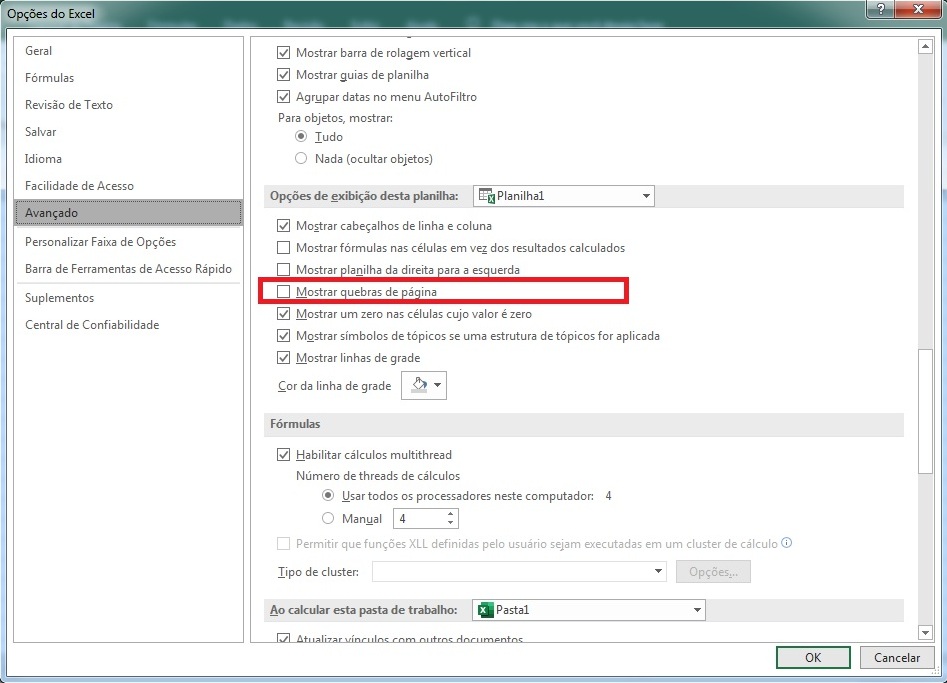ocultar quebras de página no Excel