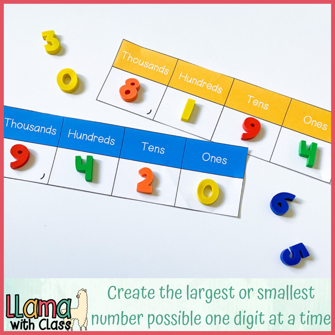 Create the largest or smallest number possible one digit at a time. Shown: numbers being placed on a place value chart. 