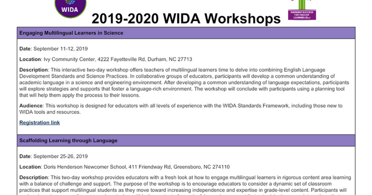 2019-2020 WIDA Workshops