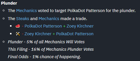 Image ID: Mechanics plundering PolkaDot Patterson from the Steaks and randomly trading Zoey Kirchner in return taken from Blaseball Wiki.